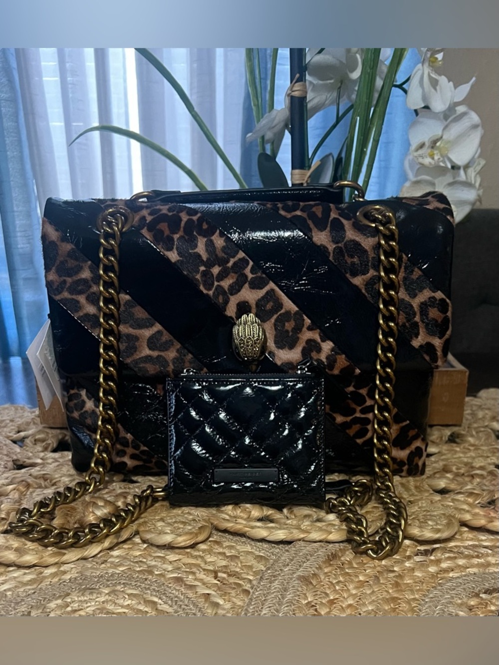 🐆Kurt Geiger Leopard Print & Black Patent Shoulder Bag with Gold Chain & Wallet
